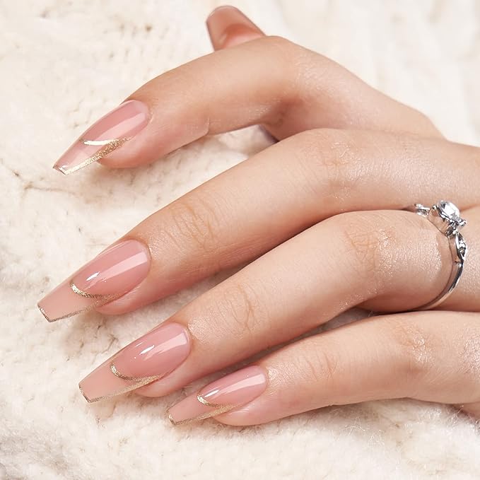 BTArtbox Press On Nails, Gilded French, Long Coffin, Gold Foil, 32Ct