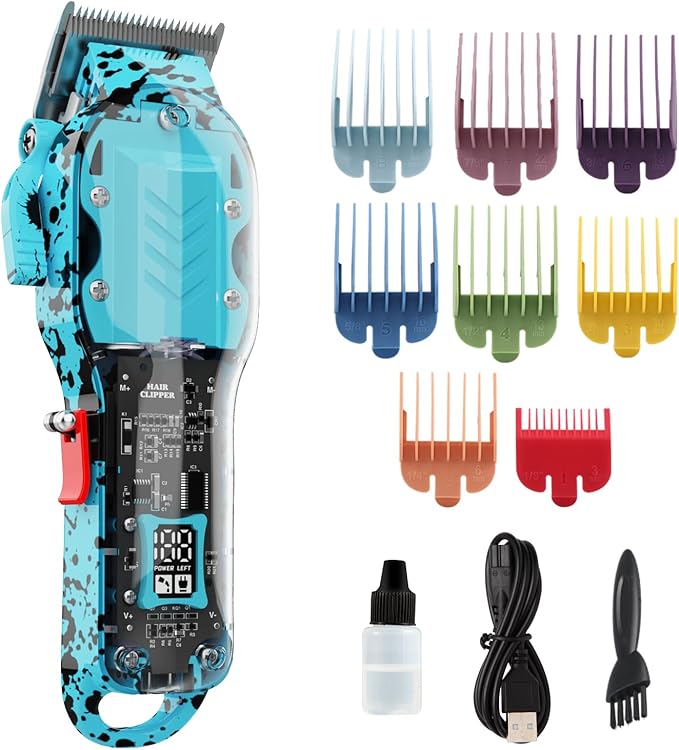 Tuanchuanrp Professional Hair Clippers for Men, Cordless Barber kit for Hair Cutting & Grooming, Hair Clippers Set for Barber Haircut with LED Display 8 Fade Taper Combs(Blue)