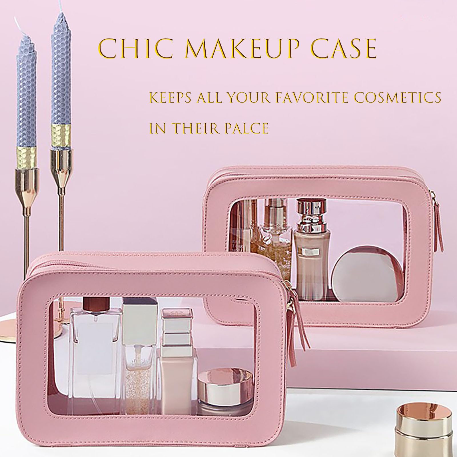 Clear and Waterproof Makeup Bag Portable Travel Cosmetic Case Organizer for Women Toiletry Pouch with Transparent Vinyl Windows & Zippers (Pink)
