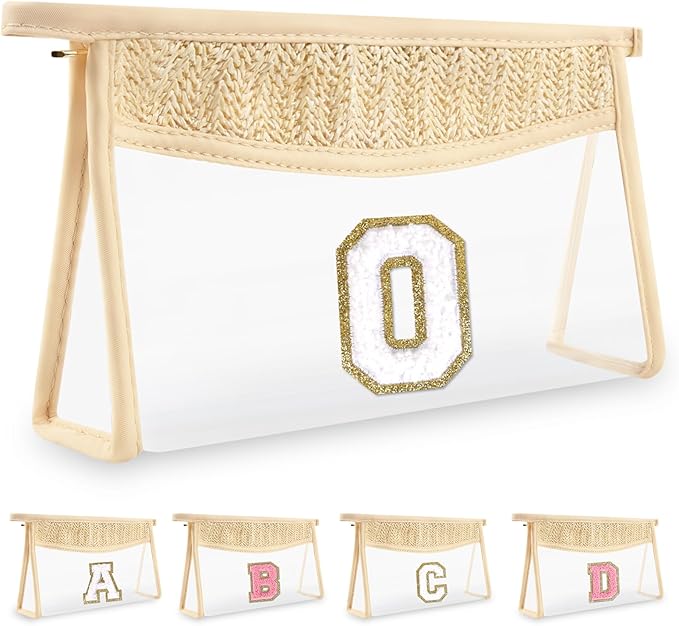 UIXIZQ Personalized Initial Letter Bag Boho Straw Clear Makeup Bag,Small Cute Chenille Varsity Letter Pouch With Zipper,Beach Travel Toiletry,Portable Monogrammed Cosmetic Bag for Women Girls,O