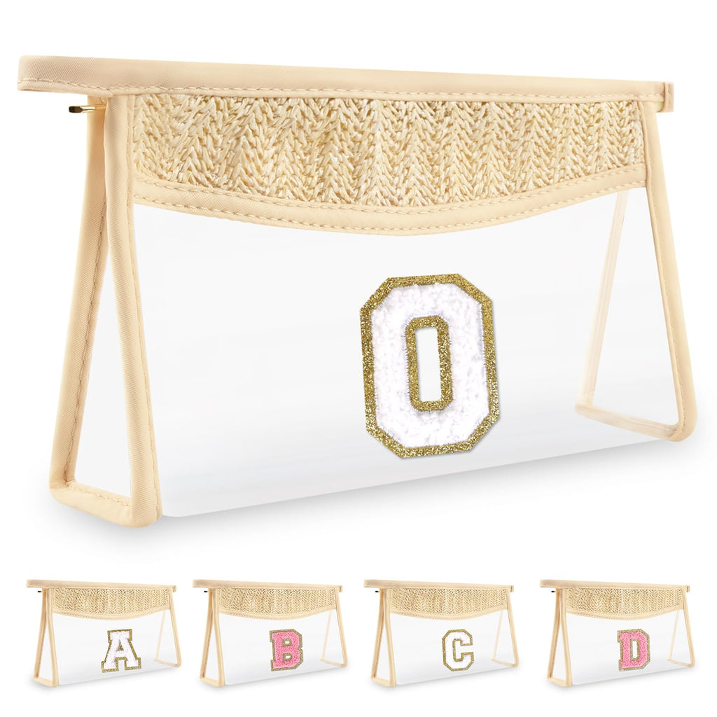 UIXIZQ Personalized Initial Letter Bag Boho Straw Clear Makeup Bag,Small Cute Chenille Varsity Letter Pouch With Zipper,Beach Travel Toiletry,Portable Monogrammed Cosmetic Bag for Women Girls,O