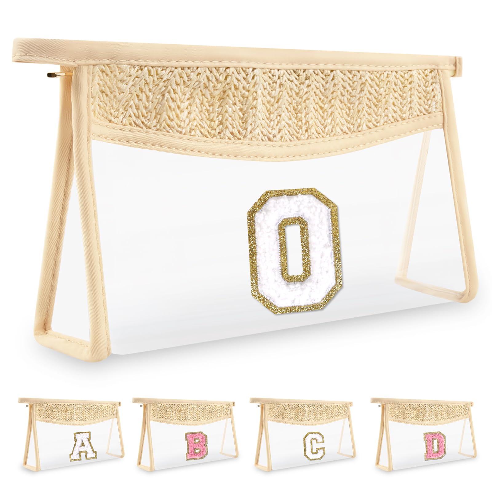 UIXIZQ Personalized Initial Letter Bag Boho Straw Clear Makeup Bag,Small Cute Chenille Varsity Letter Pouch With Zipper,Beach Travel Toiletry,Portable Monogrammed Cosmetic Bag for Women Girls,O