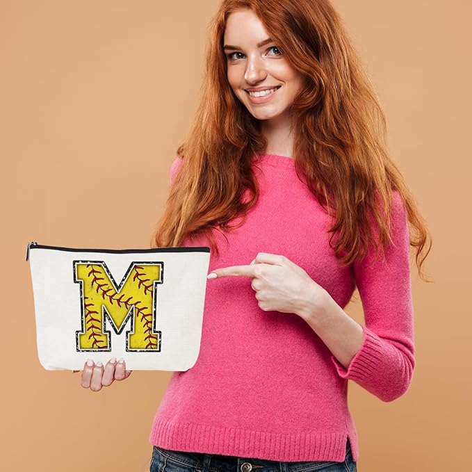 Softball Gifts Initial M Makeup Bag Softball Gifts for Team Cosmetic Bag