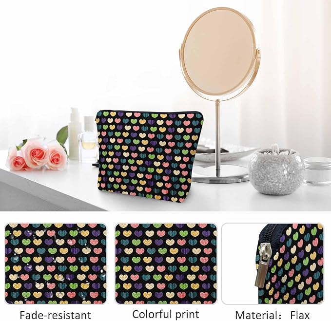 Kalygon Makeup Bag Heart Makeup Bags For Purse Pouch, Colorful Love Hearts Travel Toiletry Bag Cosmetic Bag Makeup Bags Flax Makeup Organizer Bag Pencil Pouch For Man Woman