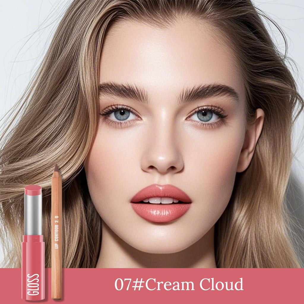 Erinde 2pcs Lip Liner and Lipstick Combo Set, Matte Lipliner Pencil & Hydrating Lip Gloss Makeup Kits for Women, Waterproof, Long Lasting, Highly Pigmented, Nude Brown Natural Lipstick, 07