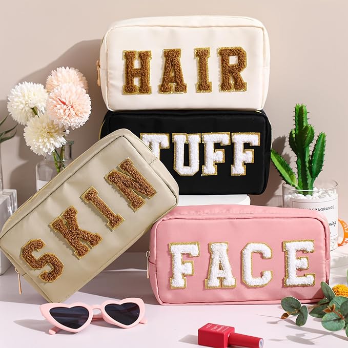 Cunno Preppy Makeup Bags Chenille Letter Stuff Bag Nylon Cosmetic Pouch Cases with Zipper for Women Travel Toiletry(Cute Color,Classic,4 Pcs)