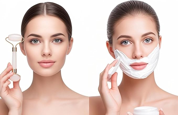 9 9PINE Valentines Day Gifts for Women,Wife,Girls,3-in-1 Gua Sha & Jade Roller Facial Tools Set -Jade Roller & Gua Sha Kit& Facial Massage PenFacial Massage Device for Skincare, Best Gift (White)