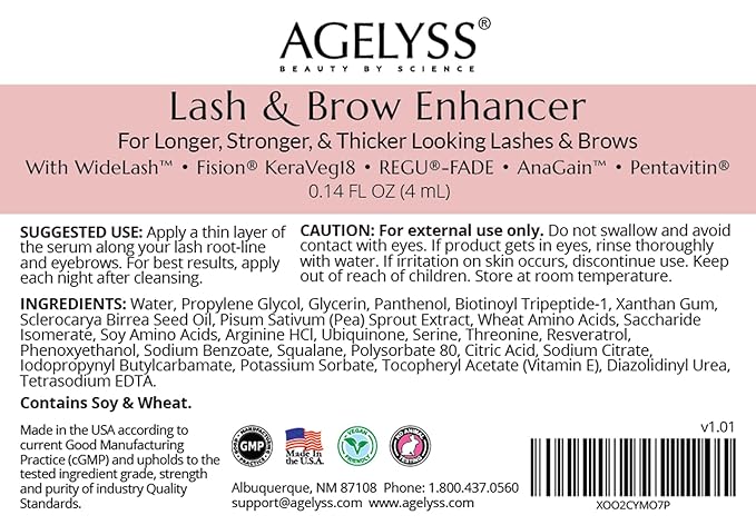 Agelyss Lash & Brow Enhancer - Deep Conditioning - Lash Volume, Brow Boost, Hair Strengthening - Paraben-Free, Cruelty-Free, Vegan -.14 FL OZ - Pack of 6