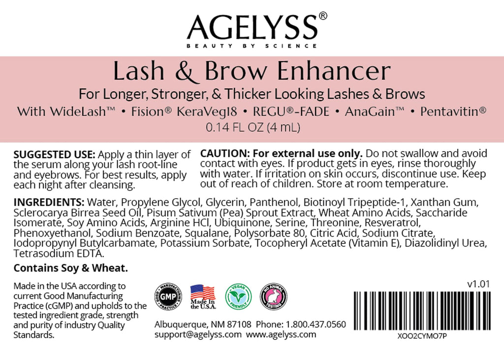 Agelyss Lash & Brow Enhancer - Deep Conditioning - Lash Volume, Brow Boost, Hair Strengthening - Paraben-Free, Cruelty-Free, Vegan -.14 FL OZ - Pack of 6