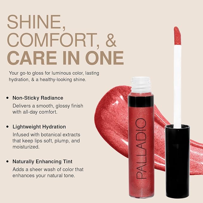 Palladio Lip Gloss, Non-Sticky Lip Gloss, Contains Vitamin E and Aloe, Offers Intense Color and Moisturization, Minimizes Lip Wrinkles, Softens Lips with Beautiful Shiny Finish, Watermelon