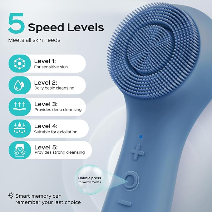 COSLUS FBS03 Face Scrubber Facial Cleansing Brush: 2 in 1 Spin and Vibration Patented, Silicone Electric Exfoliator Scrubber with Automatic Foaming, Waterproof Face Cleanser Brush (Navy Blue)
