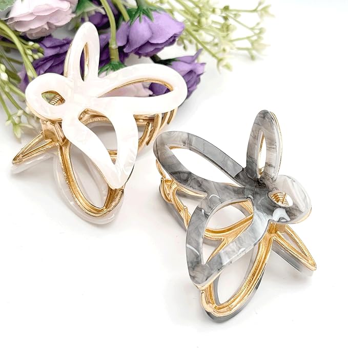 Solilayx Metal Butterfly Hair Clips for Women -White & Grey Marble Pattern Fashion Decorative Hair Clips, Cute Hair Accessories for Girls, 2 Pack