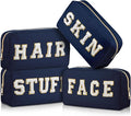 Cunno Preppy Makeup Bags Chenille Letter Stuff Bag Nylon Cosmetic Pouch Cases with Zipper for Women Travel Toiletry(Dark Blue,Classic,4 Pcs)