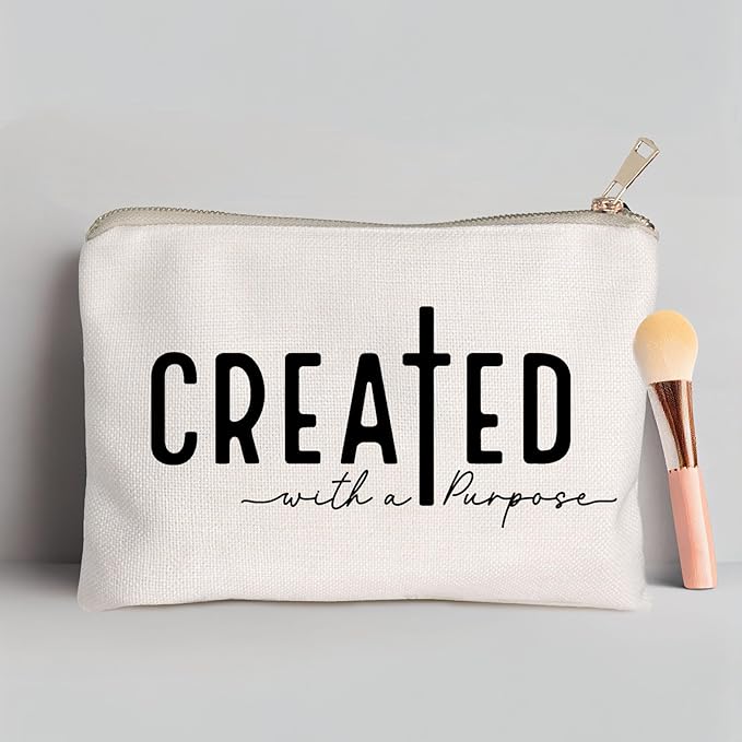 HubbgDesign Created With a Purpose Women Makeup Bag Christian Decor Self Love Gift Toiletry Bag Religious Faith Cosmetic Pouch Linen Cotton Inspirational Multi-Purpose Bag Gift