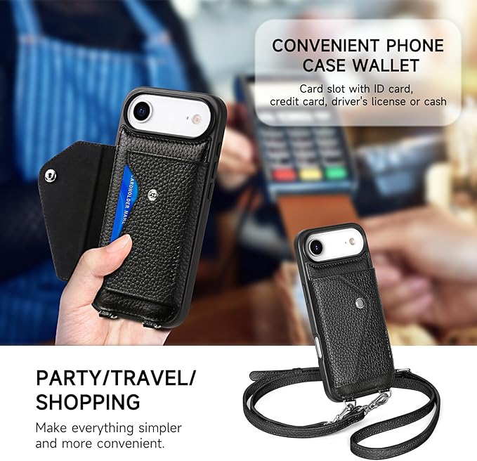 LUCKYCOIN Crossbody Phone Case for iPhone Air,100% Genuine Leather Phone Wallet Case for Women,Fashion Premium Hands-Free Phone Purse with Expandable Flip Card Holder & Adjustable Strap - Pebble Black