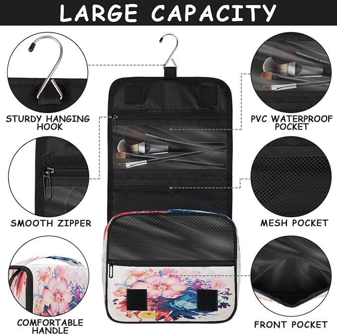 YoYoYuchong Travel Toiletry Bag for Women & Men Colorful Art Flowers Hanging Cosmetic Organizer Portable Waterproof Makeup Case Make Up Bag with Compartments Travel Essentials for Bathroom Shower