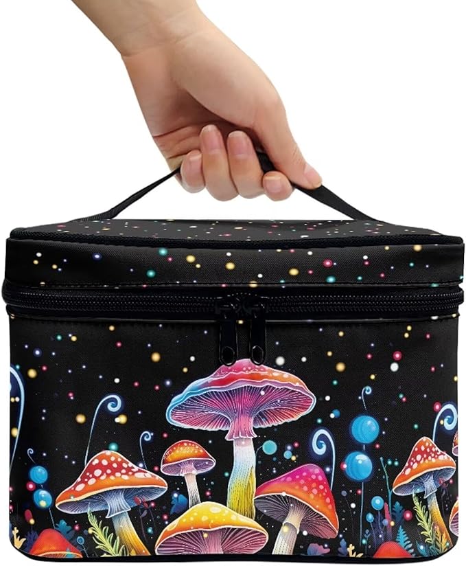 Drydeepin Colorful Mushrooms Pattern Makeup Bag Travel Cosmetic Bag with Zipper and Handle Portable Large Capacity Toiletry Case for Women Ladies Travel Accessories