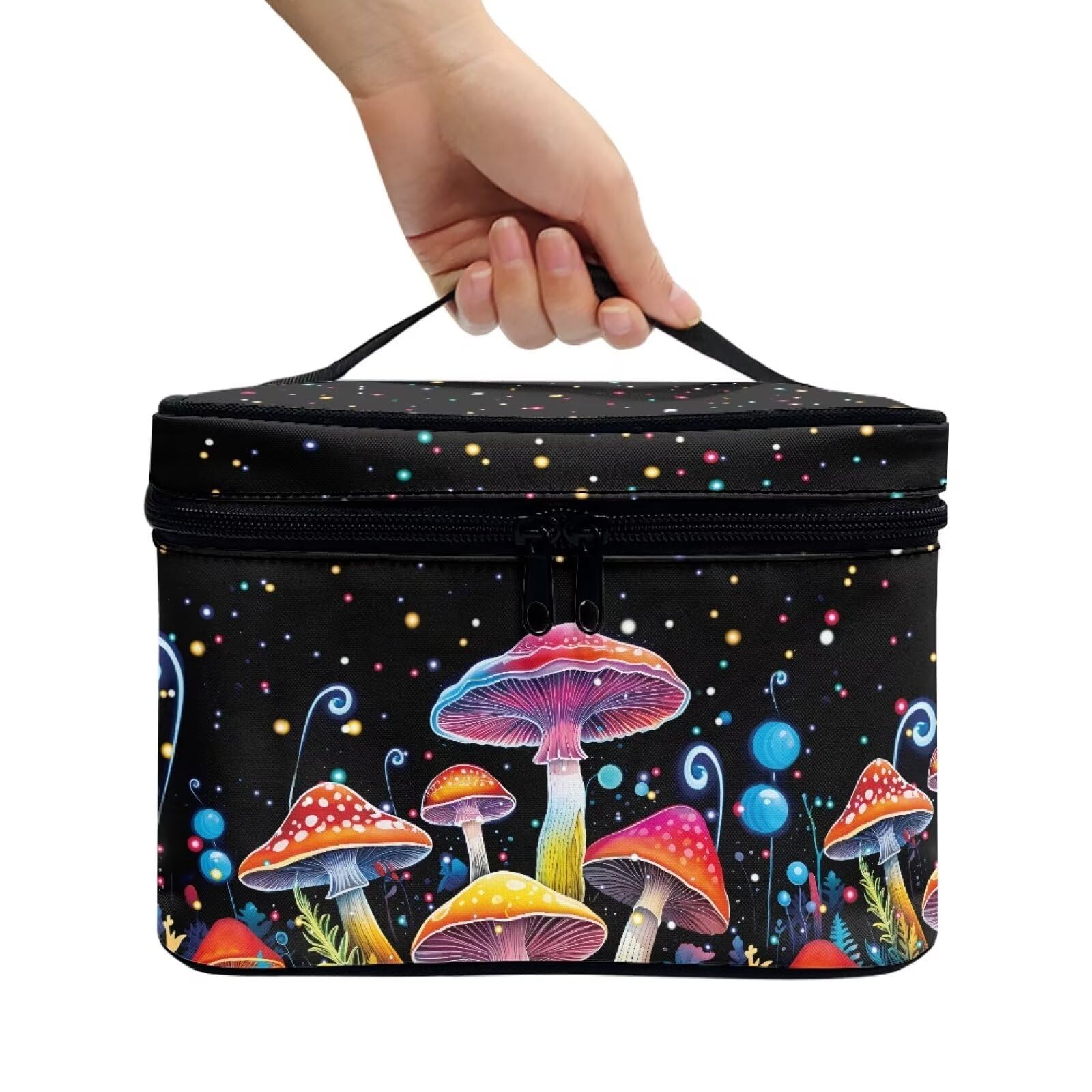 Drydeepin Colorful Mushrooms Pattern Makeup Bag Travel Cosmetic Bag with Zipper and Handle Portable Large Capacity Toiletry Case for Women Ladies Travel Accessories