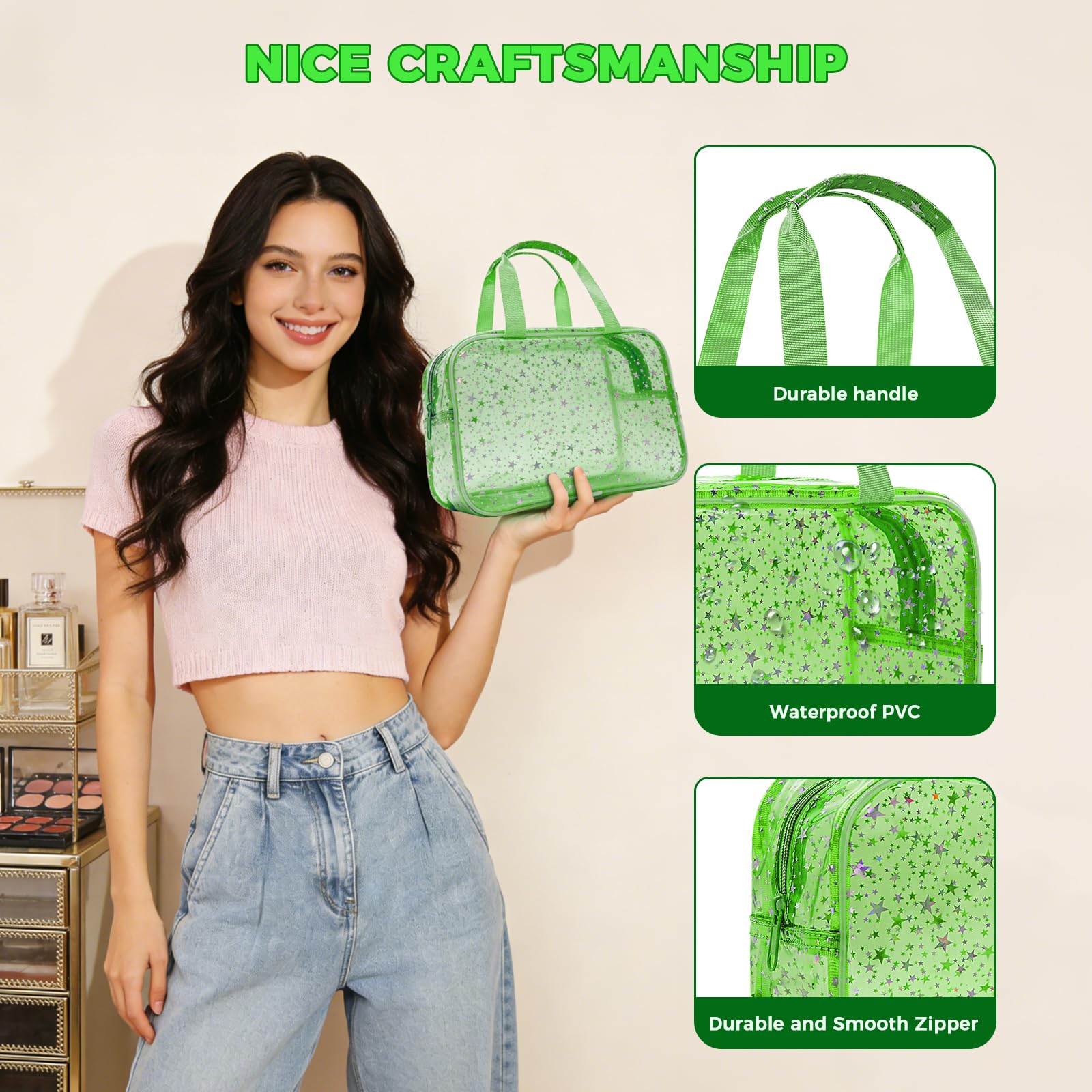 Junesters Large Clear Makeup Bag 12x5x8 Green Star Pattern - Waterproof PVC Travel Cosmetic Organizer with Handle, Durable Transparent Toiletry Case for Women Girls Travel Gym Beach Storage