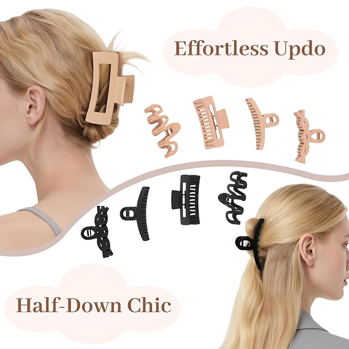 Matte Non-Slip Large Hair Clips for Women 8PCS (4 Beige+4 Black)