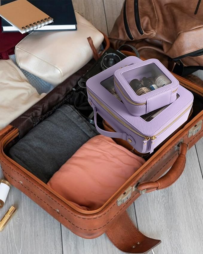 2Pcs Travel Clear Makeup Bag, Purple Mahjong Tile Bag Cosmetic Case with Zipper Portable Makeup Pouch Toiletry Bag Women Traveling Cosmetic Organizer Storage Bag Car Organizer Car Essentials for Women