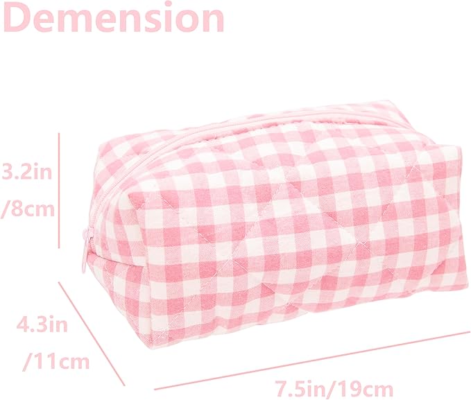 Cozy Makeup Bag for Women,Zipper Cosmetic Pouch,Checkered Pink,2 Pack