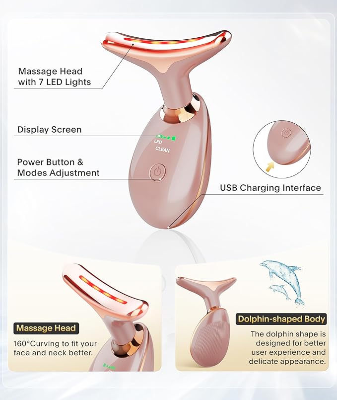 MCSYPOAL 7-in-1 Deplux Face Neck Massager for Daily Skin Care Routine, Portable Facial Massager, Skin Care Tool, Rose Gold