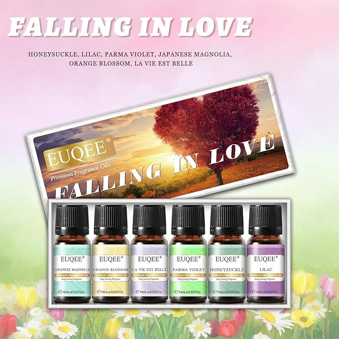 EUQEE Premium Floral Fragrance Oils Set 6PCS Fragrance Oils Set for Diffuser, DIY Candle - Honeysuckle, Lilac, Japanese Magnolia, Violet, Orange Blossom (10ml)
