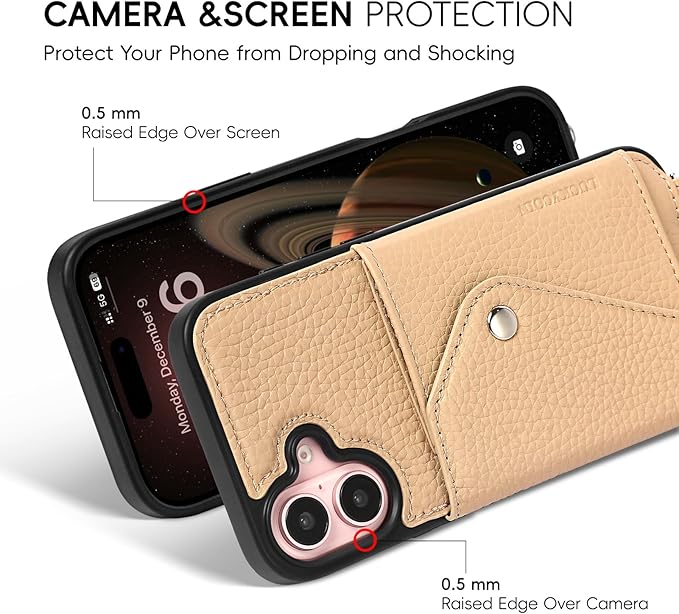 LUCKYCOIN Crossbody Phone Case for iPhone 16 Plus,100% Genuine Leather Phone Wallet Case for Women, Premium Hands-Free Phone Purse with Expandable Flip Card Holder & Adjustable Strap - Pebble Beige