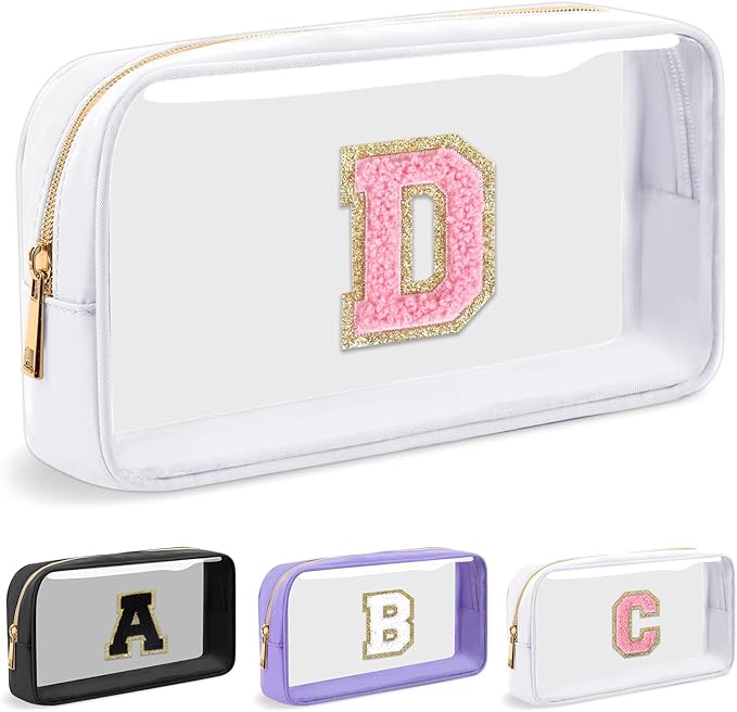 UIXIZQ Personalized Initial Letter Clear Makeup Bag,Preppy Small Nylon&PVC Cosmetic Zipper Bag with Chenille Letter,Travel Skincare Toiletry Bag,Monogram Christmas Gift for Teen Girls Women,D