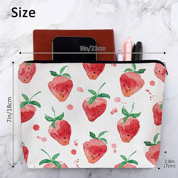 Kalygon Strawberry Cosmetic Travel Bag For Toiletries, Summer Fruits Strawberry Red Makeup Bag Toiletry Bags For Women, Flax Cosmetic Bags Make Up Bag Purse Toiletries Bag Birthday Gift