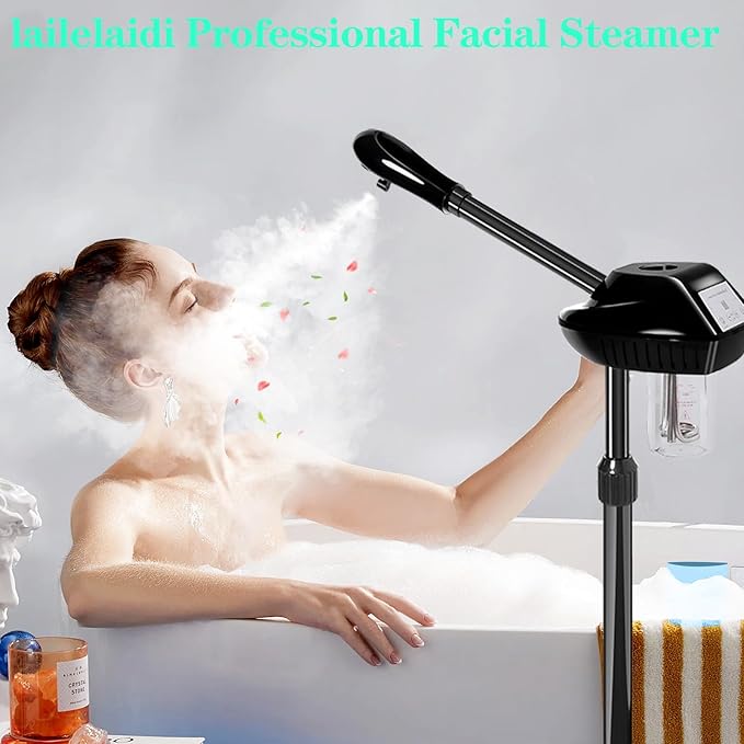 Facial Steamer Professional with More Steam for Deep Cleansing and Hydration, Face Steamer on Wheels with Time Setting, Estheticians Steamer Adjustable Height for Beauty, Spa and Home Use