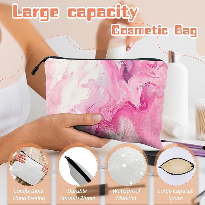 Scribesense Cosmetic Bags Travel Makeup Toilet Case Waterproof Pouch for Women Girls 6.7X9.45inches - Pink And White Fluid Art