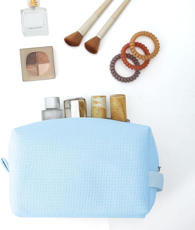 DYSHAYEN Small Waffle Makeup Bag for Travel, Blue