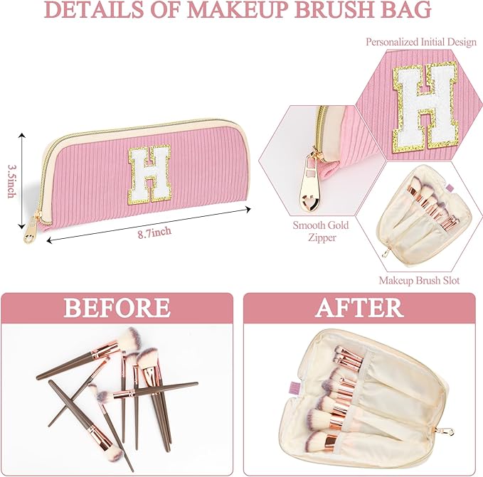 Sernaxi Personalized Initial Makeup Bag Trendy Stuff Corduroy Cosmetic Bag Travel Toiletry Bag, Valentine’s Day Gift Makeup Organizer Case & Makeup Pouch for Women teen Girls Mom Girlfriend Wife