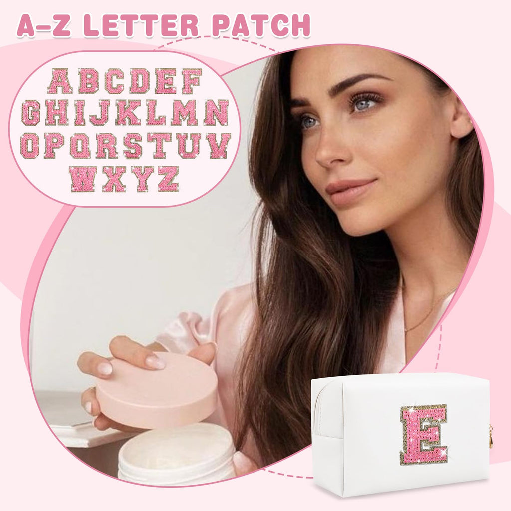 Small Initial Patch Makeup Bag Personalized Gifts Make Up Bag,White Cute PU Leather Glitter Letter Cosmetic Bag with Zipper,Trendy Portable Travel Toiletry Pouch,Preppy Stuff for Teen Girls Women E