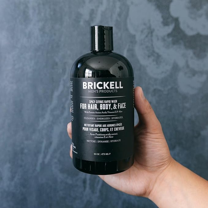 Brickell Men's Rapid Wash, 3 in 1 Body Wash Gel for Men, With Aloe, Vitamin E, and Jojoba Oil, 16 Ounce, Spicy Citrus Scent