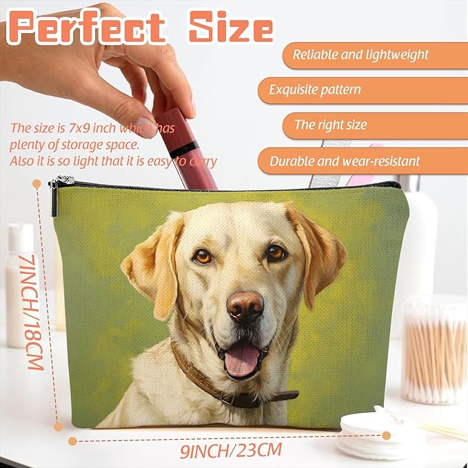 Scribesense Makeup Bag Travel Cosmetic Bags Small Makeup Case Waterproof Zipper Pouch for Women Girls 7X9inches - Yellow Labrador Retriever with A Brown Collar
