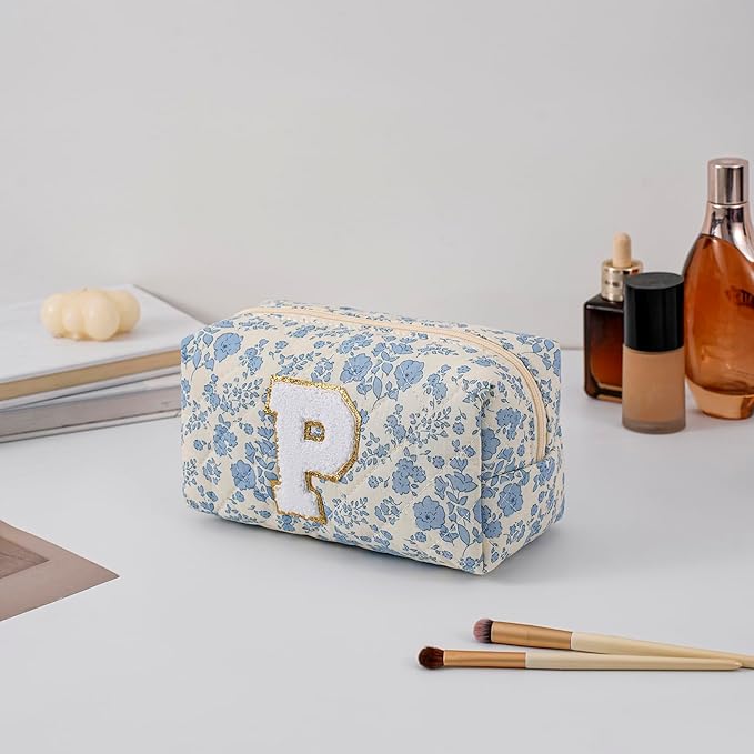 JOVAKIT Alphabet Makeup Bag Cosmetic Bag for Women, Christmas Gifts for Girls Age 6-18, Floral Flowers Coquette Travel Toiletry Zipper Make Up Pouch Organizer Trendy Stuff (Blue Floral P)