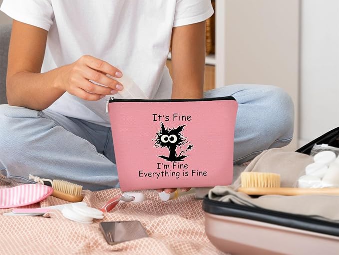 BARPERY Cat Makeup bag It's Fine Everything is Fine Inspirational Funny Cat Kitten,Cosmetic Bag Zipper Travel Toiletry Bag， Gift Idea for Cat Lovers Teen Girls,Cat Owners Gifts,Birthday Gift(Pink)