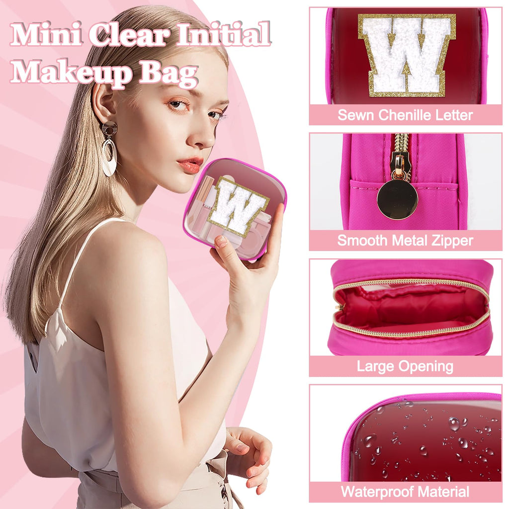 Mini Clear Personalized Initial Makeup Bag, Small Preppy A-Z Chenille Letter Patch Cosmetic Pouch, Transparent PVC & Nylon Waterproof Zip Beach Toiletry Bag,Gift for Women Girls(Hot Pink-White W)