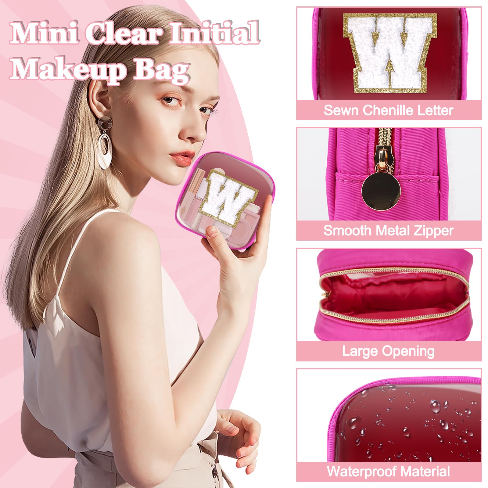 Mini Clear Personalized Initial Makeup Bag, Small Preppy A-Z Chenille Letter Patch Cosmetic Pouch, Transparent PVC & Nylon Waterproof Zip Beach Toiletry Bag,Gift for Women Girls(Hot Pink-White W)