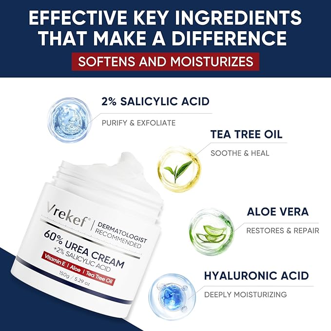 VREKEF Urea Cream 60% with 2% Salicylic Acid, Urea Cream 60 Percent for Feet Maximum Strength, Foot Cream & Callus Remover for Dry Cracked Heels, Rough Thick Skin, Deep Hydration, 5.29 oz