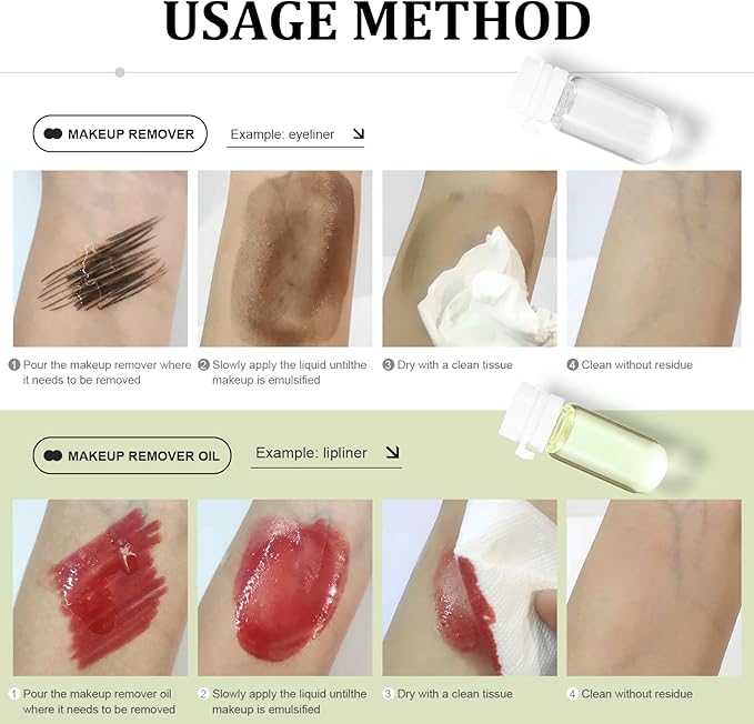 Lea ll U 2 in 1 Disposable Makeup Remover Set, Portable Mini Liquid Remover Oil serum 10 Pieces, Includes 20 Remover Cottons, Natural Deep Cleanser for Face, Portable Skincare Facial Oil