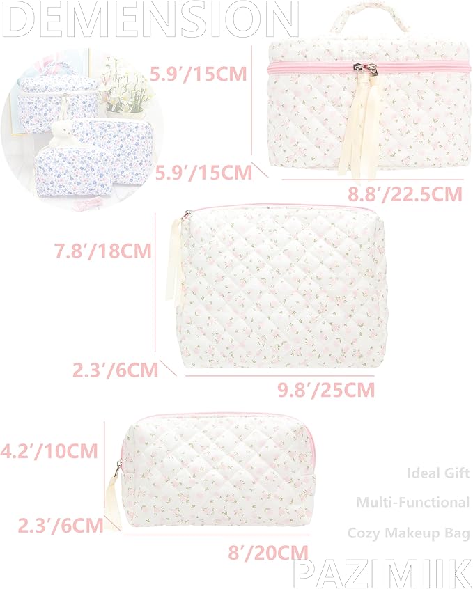 3 Piece Quilted Makeup Bag Set for Women,Cosmetic&Toiletry Bag,Flower Pink