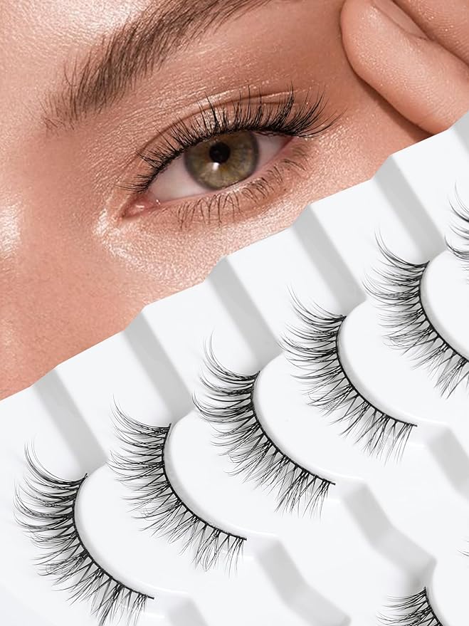 Wispy Lashes False Eyelashes Natural Cat Eye Lashes 12mm Strip Lashes withThin Band Siliglli Cat Eyelashes 3D Volume False Lashes C Curl Eyelashes Pack 7 Pair