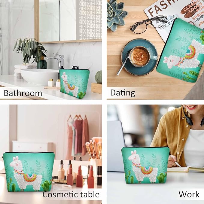 Kalygon Makeup Bag Llama Makeup Bags For Purse Pouch, Funny Llama Alpaca Cactus Floral Green Travel Toiletry Bag Cosmetic Bag Makeup Bags Flax Makeup Organizer Bag Pencil Pouch For Man Woman