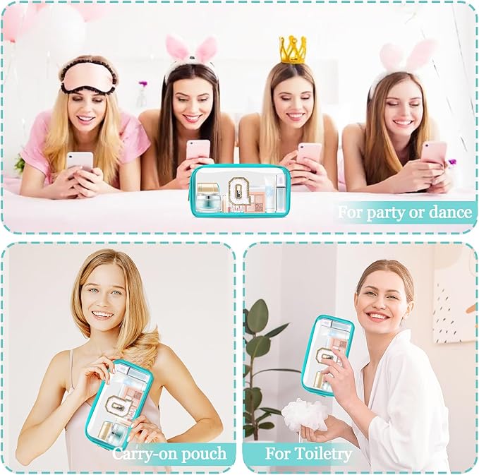 Small Clear Personalized Initial Makeup Bag, Preppy Nylon A-Z Chenille Letter Patch Makeup Organizer TSA Approved Travel Toiletry Bag,Waterproof Zip Beach Cosmetic Pouch Purse for Women(Cyan-White Q)