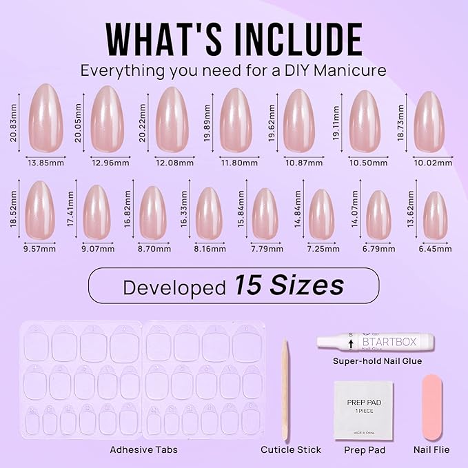 BTArtbox Press On Nails, Nudies, Short Almond, Short Nude Chrome, 32Ct