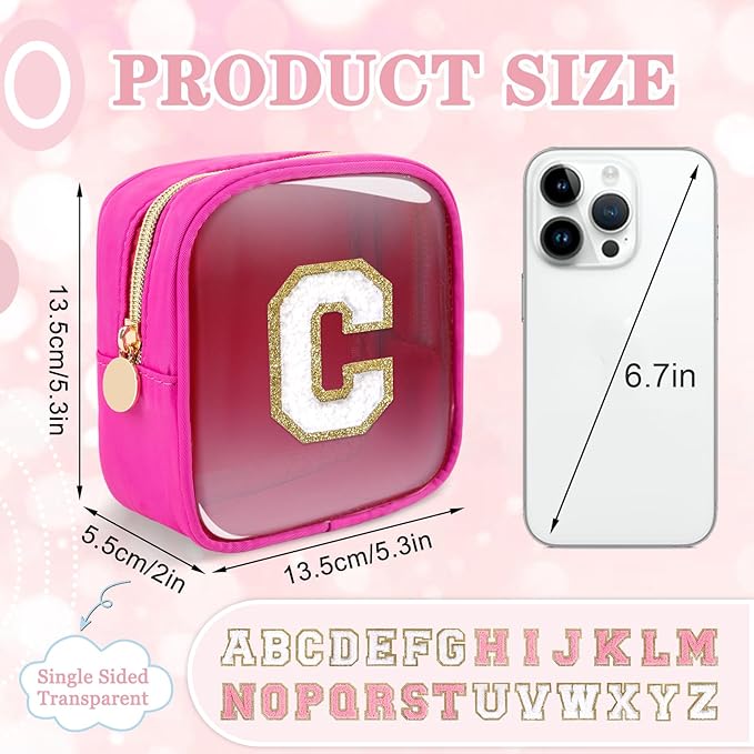 Mini Clear Personalized Initial Makeup Bag,Nylon Preppy A-Z Chenille Letter Patch Zipper Cosmetic Bag, Small Cute Beach Pouch Travel Purse Sanitary Napkin Storage Bag for Women Girls(Hot Pink-White C)